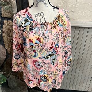 Pink and Blue 3/4 Sleeve Tie Front Blouse